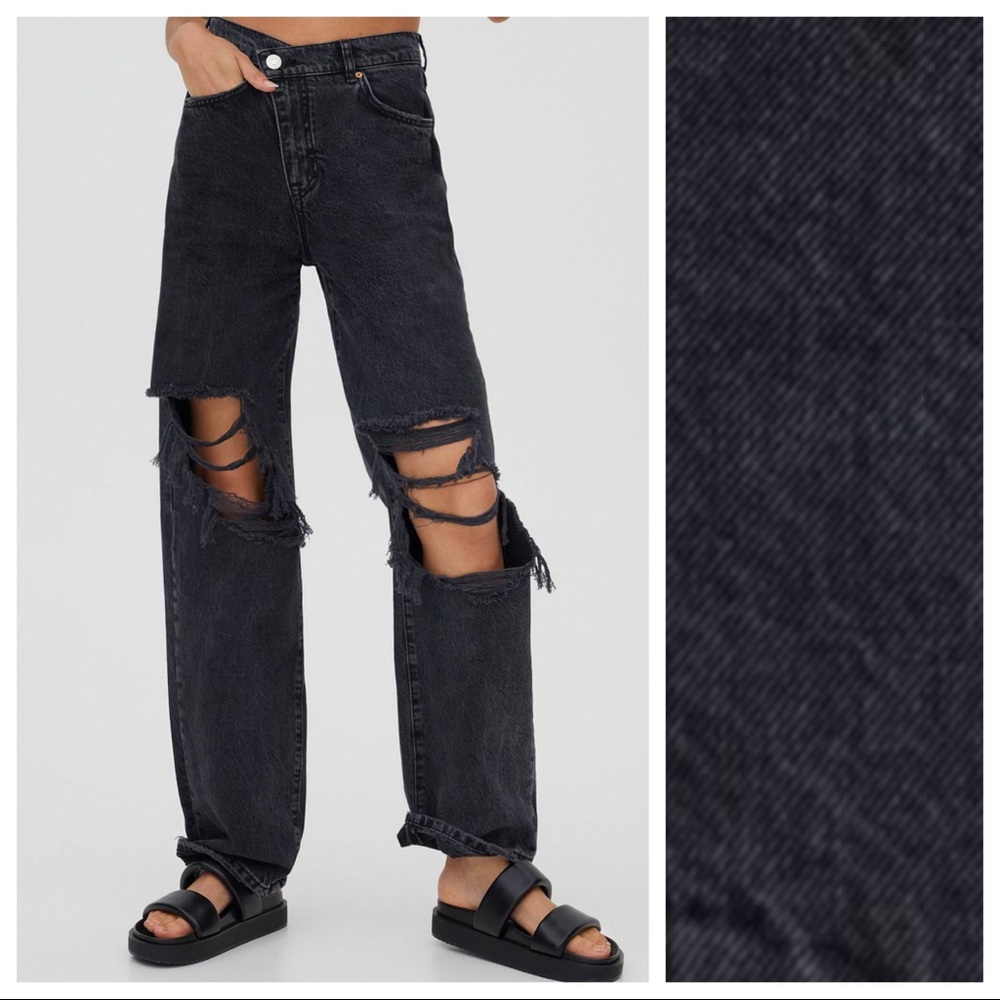NWT. Pull&Bear Straight-fit High-Rise Black Denim Ripped Jeans. Size 6.